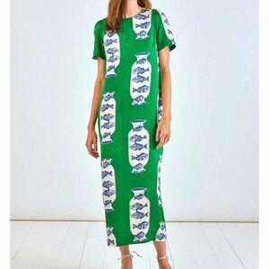 Hunter Bell Valerie Fish Vase Herring Green Silk Midi Dress Polka Dots 4